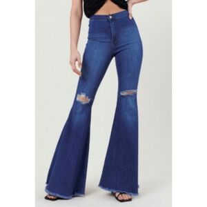Vibrant M.I.U Women Blue Distressed High Rise Bell Bottom Flare Jeans Size 7 W27
